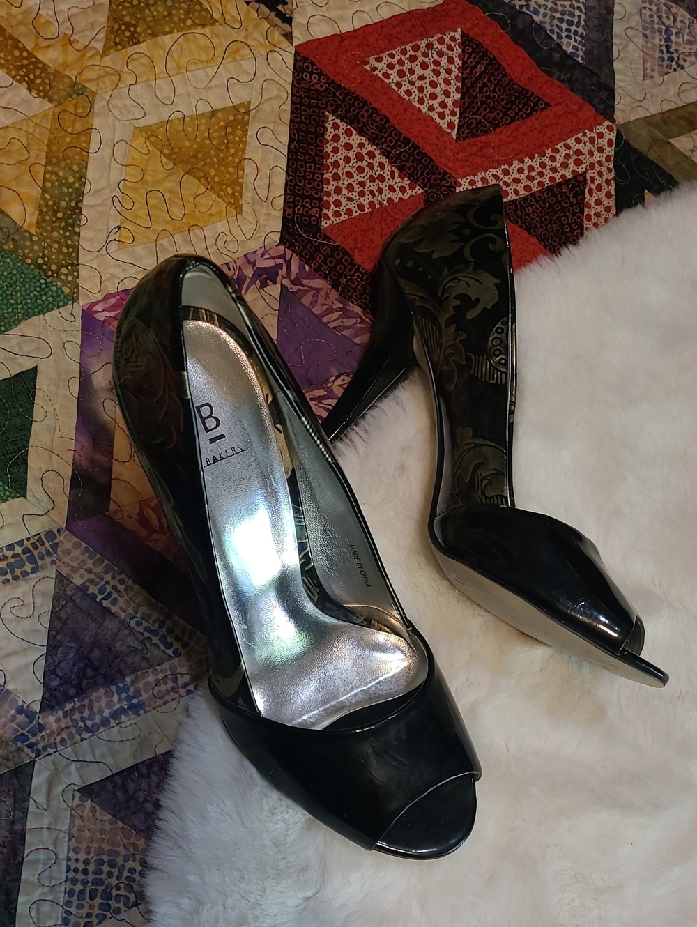 Bakers Black Patent Peep-Toe Heels with Subtle Pattern